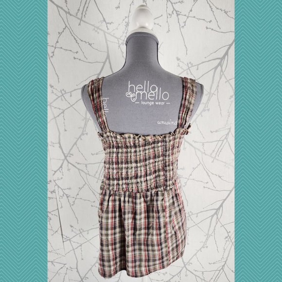 Ash & Sara Plaid Checks Smocked Babydoll Flowy Tank - Picture 4 of 5